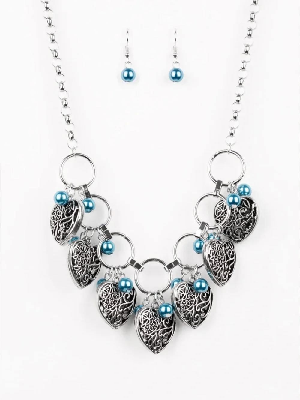 paparazzi Silver Filigree Heart Necklace with Blue Bead Charms